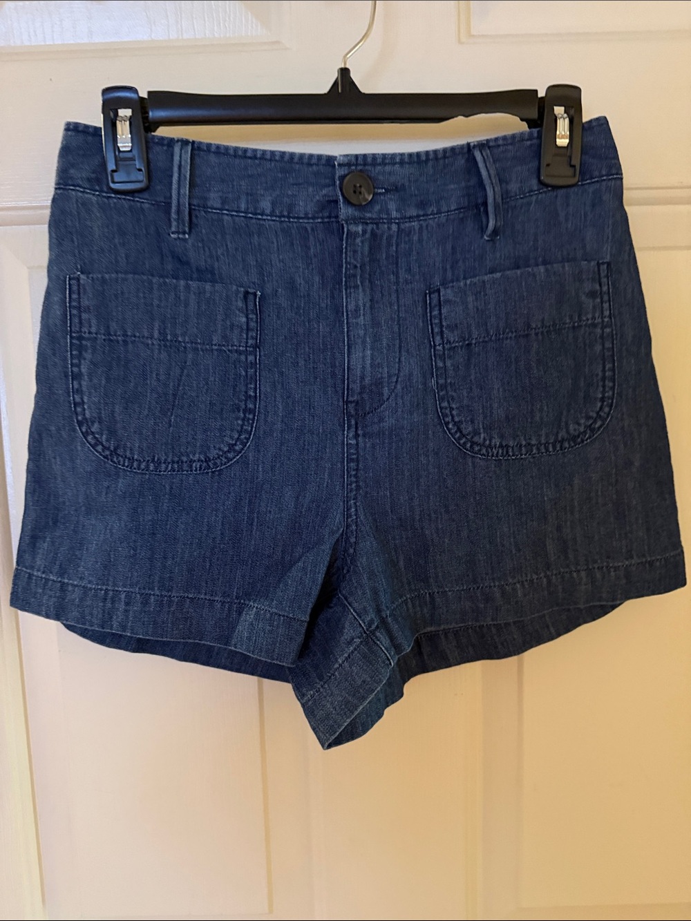 High-Rise Dark Blue Denim Jean Shorts with Front Patch Pockets
